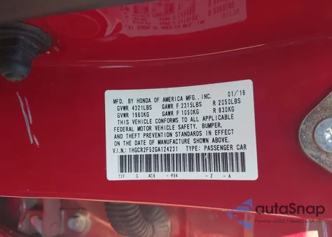 2016 Honda Accord Sport from USA, damaged, VIN 1HGCR2F52GA124231